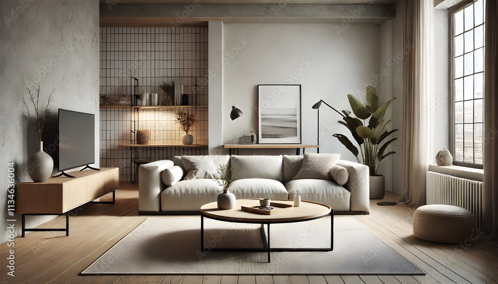 Fototapeta premium A neutral colored modern living room features a sofa, round coffee table, and media console.