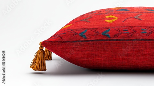 Decorative red pillow with tassel and intricate patterns photo