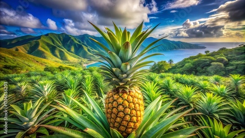 Wallpaper Mural Aerial View of a Vibrant Pineapple Growing on Its Plant Surrounded by Lush Greenery in a Tropical Landscape Under Bright Blue Skies, Perfect for Nature and Agriculture Themes Torontodigital.ca