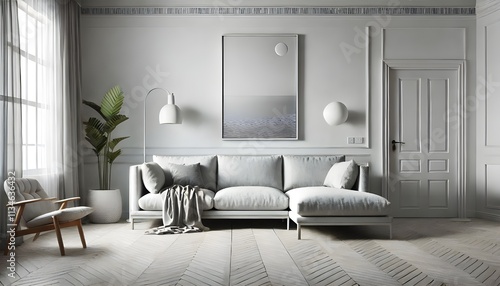 Modern, minimalist interior design. Light gray tones, soft textures, with a couch, chair, and plant for a serene living space.