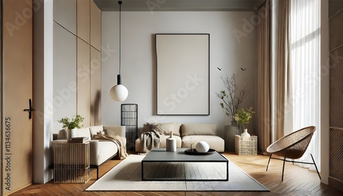 Living room with neutral tones, featuring a cream couch, dark metal accents, and a blank canvas on the wall.