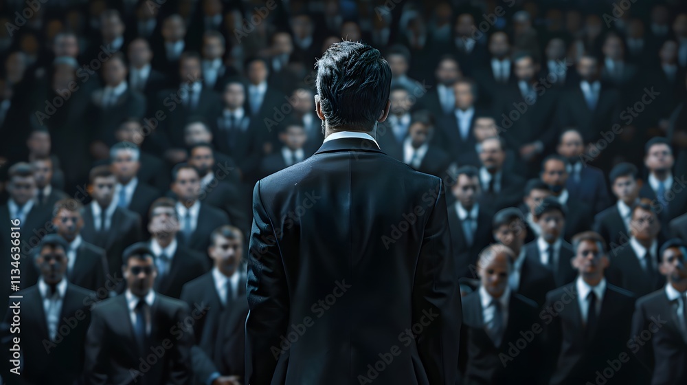 Man in Suit Facing Large Crowd of People in Dark Suits with Dramatic Lighting Man in Suit Facing Large Crowd of People in Dark Suits with Dramatic Lighting