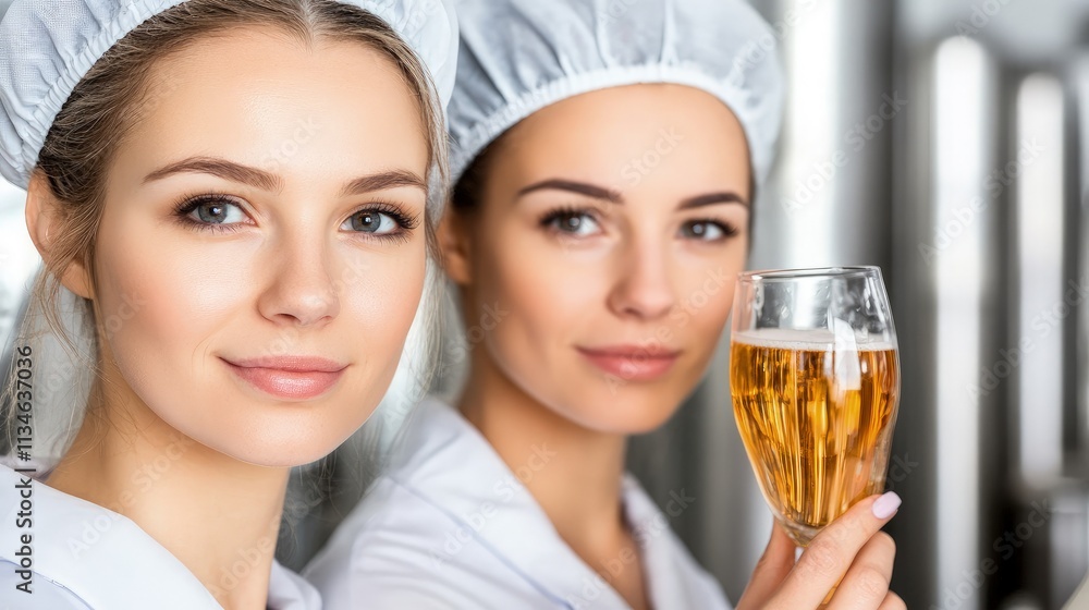 Two female brewers in a brewery, one holding a glass of beer. Two female brewers in a brewery, one holding a glass of beer.