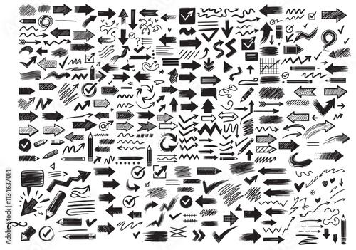 Arrow line chalk hand drawn brush vector set. Grunge square, spiral, arrow element scribble line brush hand drawn