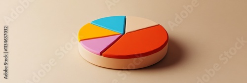 A clay-rendered pie chart with bold vibrant segments, centered on a neutral background photo