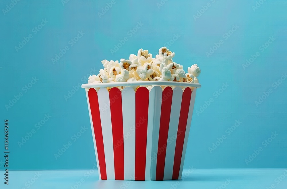 A red and white striped bucket filled with popcorn on a blue background, in a minimalistic style. This is a stock photo with a simple composition, a feminine aesthetic, popcorn in a blue bucket A red and white striped bucket filled with popcorn on a blue background, in a minimalistic style. This is a stock photo with a simple composition, a feminine aesthetic, popcorn in a blue bucket