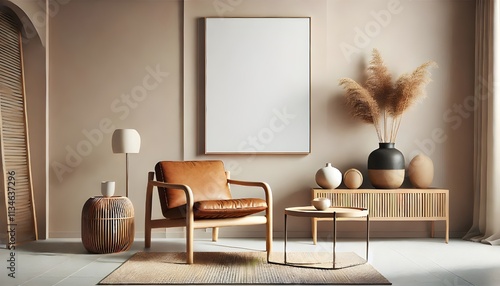 A stylish living room features a blank framed canvas above a leather chair, offering a mockup space for interior design concepts.