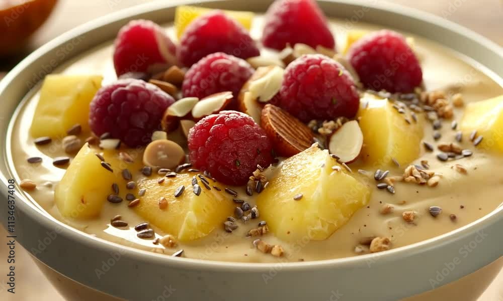 A bowl of creamy yogurt topped with fruits and nuts. A bowl of creamy yogurt topped with fruits and nuts.