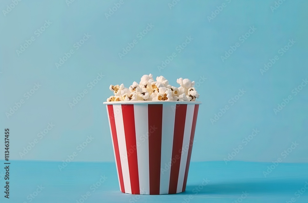 A red and white striped bucket filled with popcorn on a blue background, in a minimalistic style. This is a stock photo with a simple composition, a feminine aesthetic, popcorn in a blue bucket A red and white striped bucket filled with popcorn on a blue background, in a minimalistic style. This is a stock photo with a simple composition, a feminine aesthetic, popcorn in a blue bucket