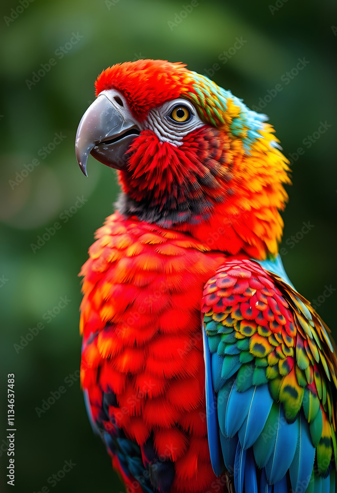 Exotic bird with vibrant plumage close up on its intricate feather patterns and bright colors a glimpse into a world of beauty, Side lit, with white tones Exotic bird with vibrant plumage close up on its intricate feather patterns and bright colors a glimpse into a world of beauty, Side lit, with white tones