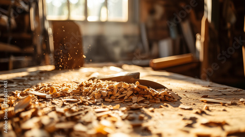 Alte schmutzige Schreinerwerkstatt mit Sägespähnen und Holzspähnen photo