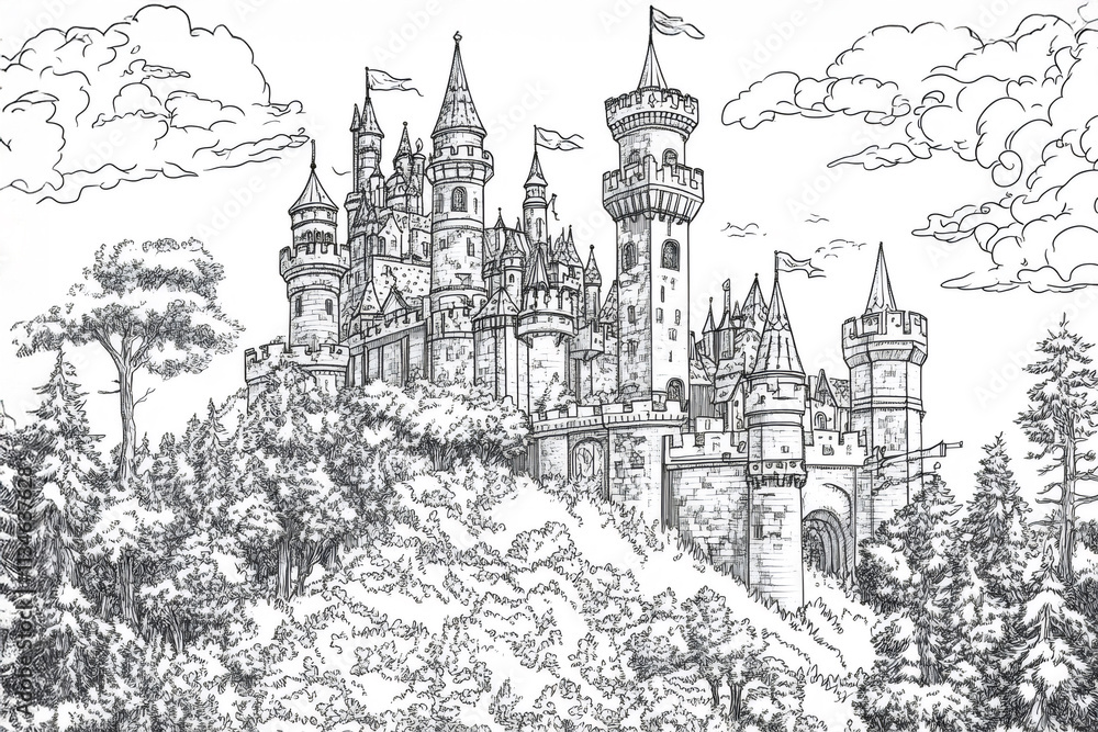 Fototapeta premium Intricate line art depicts a fairytale castle standing on a hilltop, surrounded by a dense forest and beneath a cloudy sky