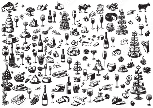 Vector illustration of wine or champagne glass and bottle, vase with flowers in french, italian style food for dinner