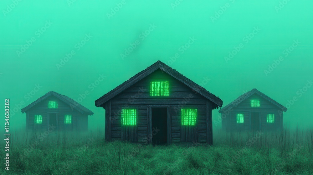 Eerie houses in a misty green landscape Eerie houses in a misty green landscape