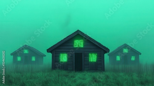 Eerie houses in a misty green landscape