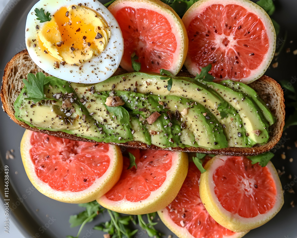 Delicious avocado toast with a perfectly poached egg, seasoned with black pepper, served alongside juicy grapefruit slices. A healthy and vibrant breakfast. Delicious avocado toast with a perfectly poached egg, seasoned with black pepper, served alongside juicy grapefruit slices. A healthy and vibrant breakfast.