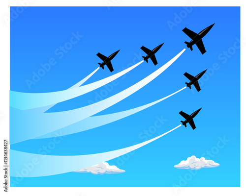 Silhouette de cinq avions en vol avec des traînées blanches sur fond bleu