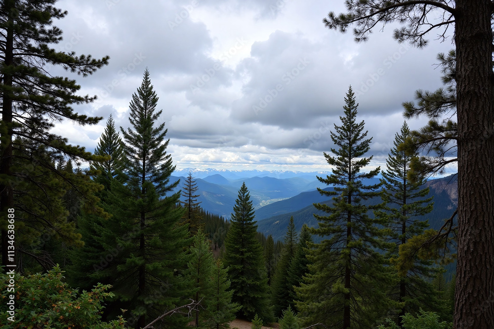 Mountainous region with pine forest and dramatic sky Mountainous region with pine forest and dramatic sky