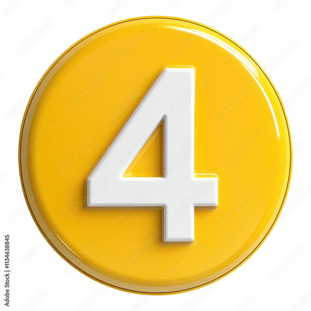 Fototapeta premium Yellow circular button with the number four prominently displayed.