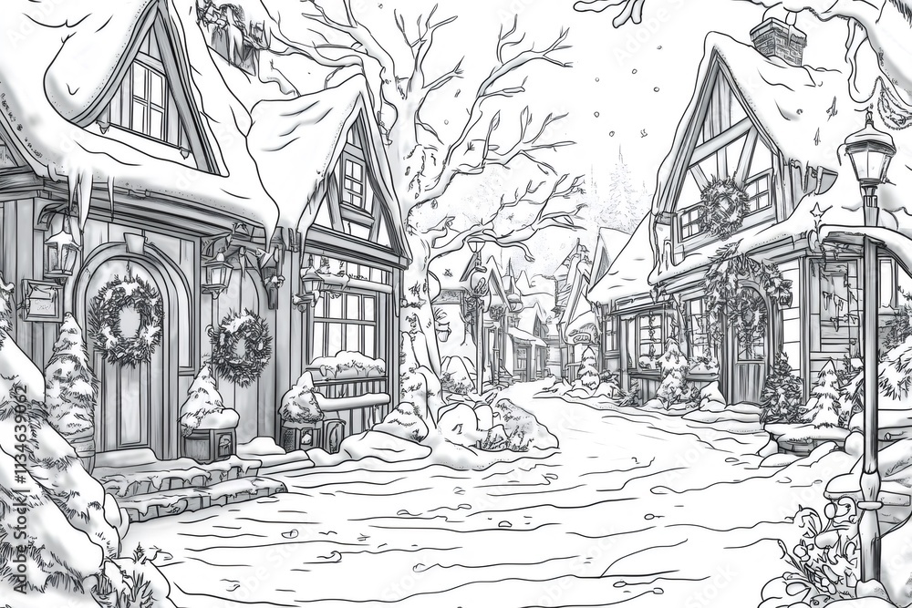 Obraz premium Charming illustration of a snowy winter village street, featuring decorated houses, perfect for coloring activities