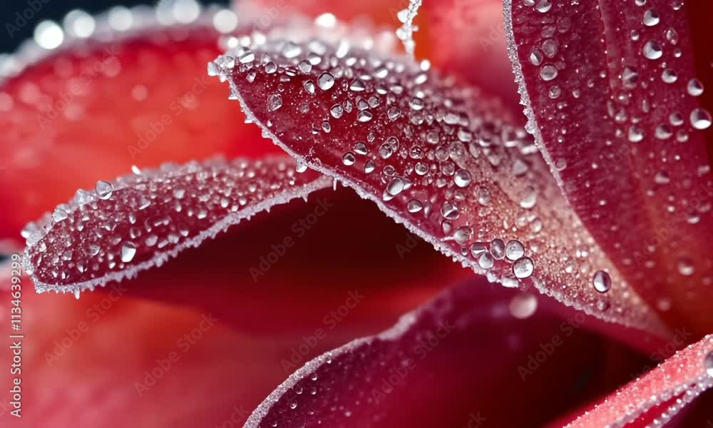 Close-up of a red flower petal with dew droplets glistening. Close-up of a red flower petal with dew droplets glistening.