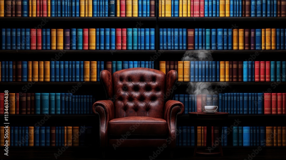 Cozy library corner with books and a steaming cup Cozy library corner with books and a steaming cup