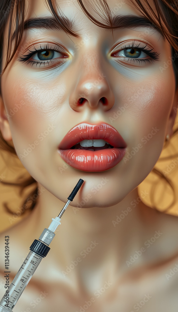 Cropped photo of beautiful naked lady showing plump lips after injection isolated pastel beige background, digital art, with white tones Cropped photo of beautiful naked lady showing plump lips after injection isolated pastel beige background, digital art, with white tones