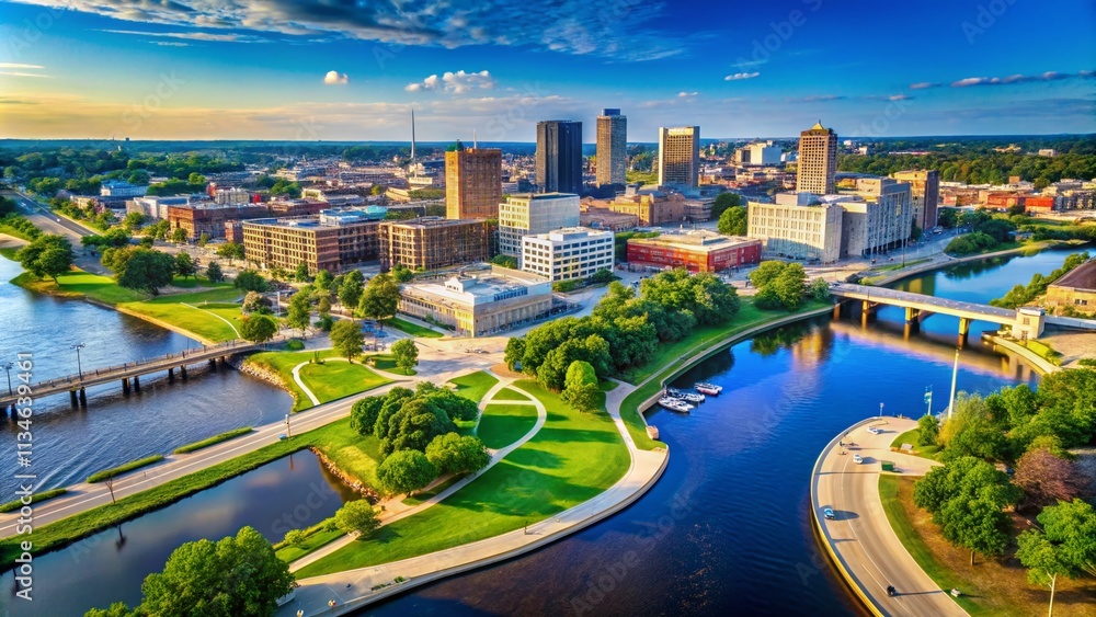 Fototapeta premium Aerial View of Cedar Rapids Iowa's Urban Waterfront with Lush Parks and Scenic Riverbanks Showcasing the Vibrant City Landscape and Natural Beauty of the Area