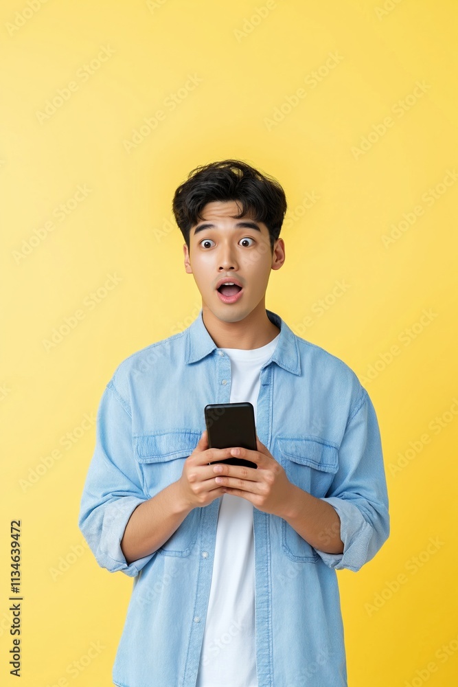 A man is holding a cell phone and looking surprised. Concept of curiosity and excitement A man is holding a cell phone and looking surprised. Concept of curiosity and excitement