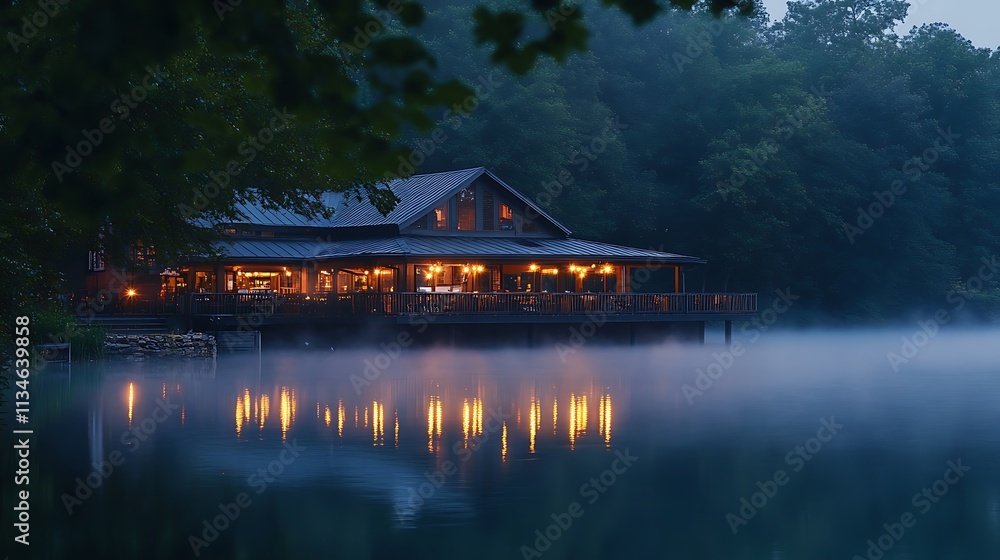 Fototapeta premium Lakeside Cabin Illuminated by Evening Lights