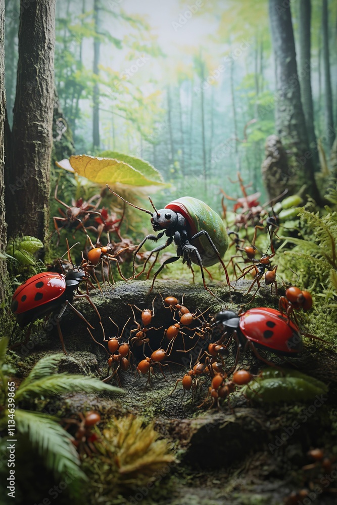 Forest floor insects, ants, beetles, collaboration. Forest floor insects, ants, beetles, collaboration.