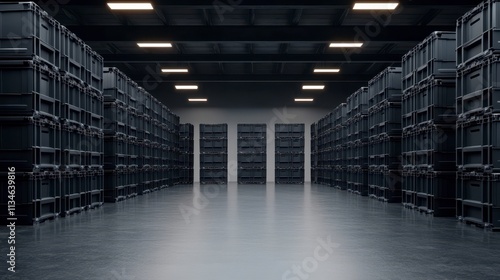 empty storage facility with stacked black containers