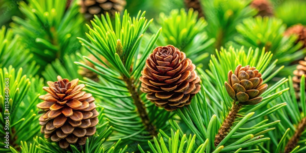 Fototapeta premium Macro green pine tree needles background with pine cones, creating a beautiful abstract nature pattern , macro