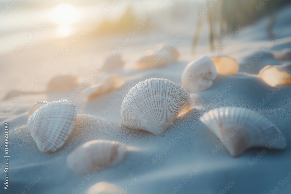 A pile of beautiful seashells lying on the sand at sunset A pile of beautiful seashells lying on the sand at sunset