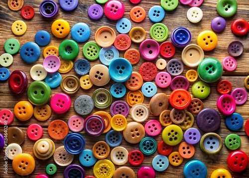 Aerial View of Colorful Buttons on a Modern Tabletop, Showcasing Unique Designs and Textures Perfect for Fashion and Crafting Inspiration