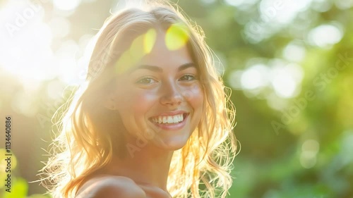 Woman in pink dress smiling confidently in a city park, bright sunlight, lush greenery, feeling relaxed and happy, capturing a carefree summer day