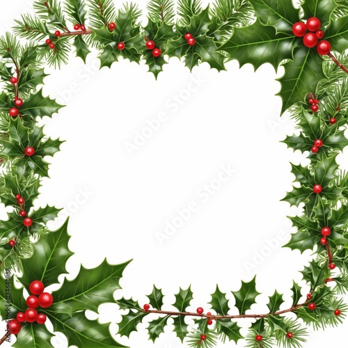 christmas holly fir branch frame border, isolated on white background.