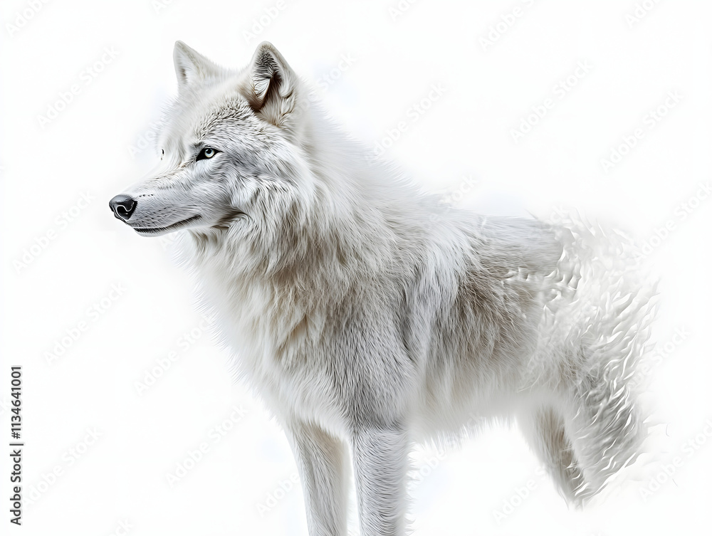 Obraz premium White wolf with detailed fur on white background. PNG transparent.