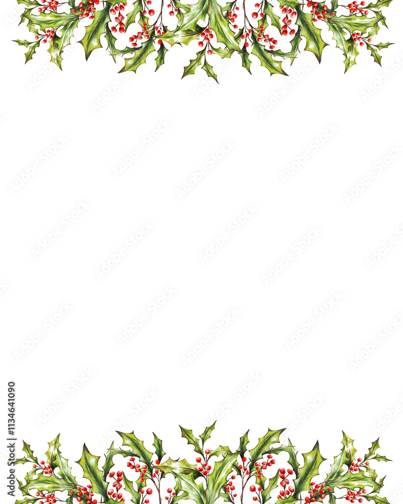 Fototapeta premium Watercolor Christmas botanical frame, border, branches, leaves, red berries. New Year card template, copy space. Hand painted holiday composition plants . Illustration for design, print, background.