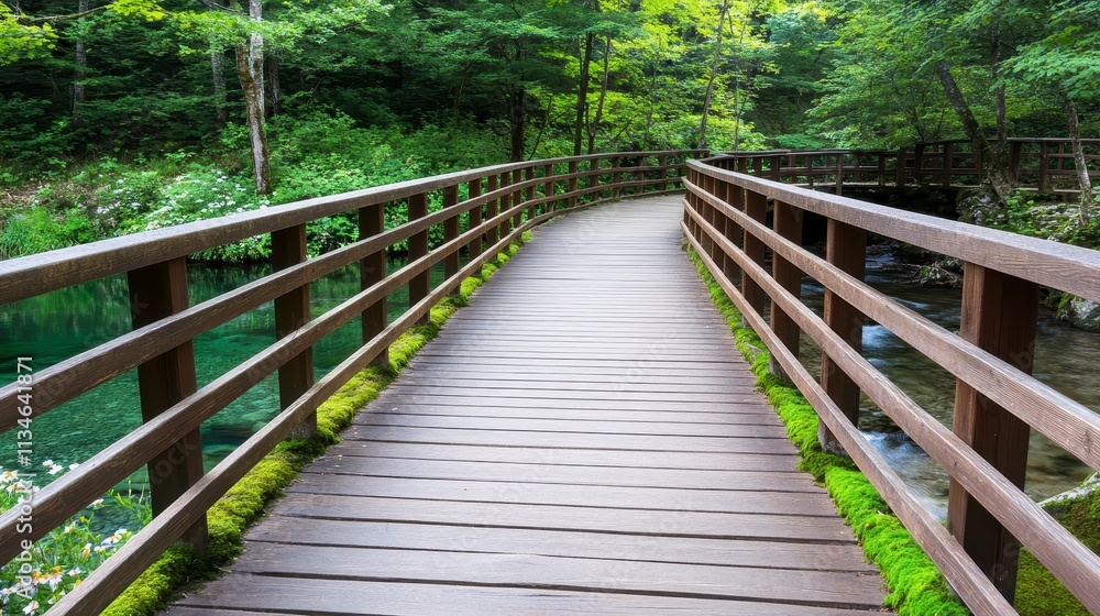 Serene wooden walkway through lush green forest Serene wooden walkway through lush green forest