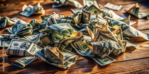 Wallpaper Mural Aerial View of Crumpled 50 Dollar Bills Spread on a Table with Natural Light, Showcasing the Intricate Design and Texture of Currency in a Unique Drone Perspective Torontodigital.ca