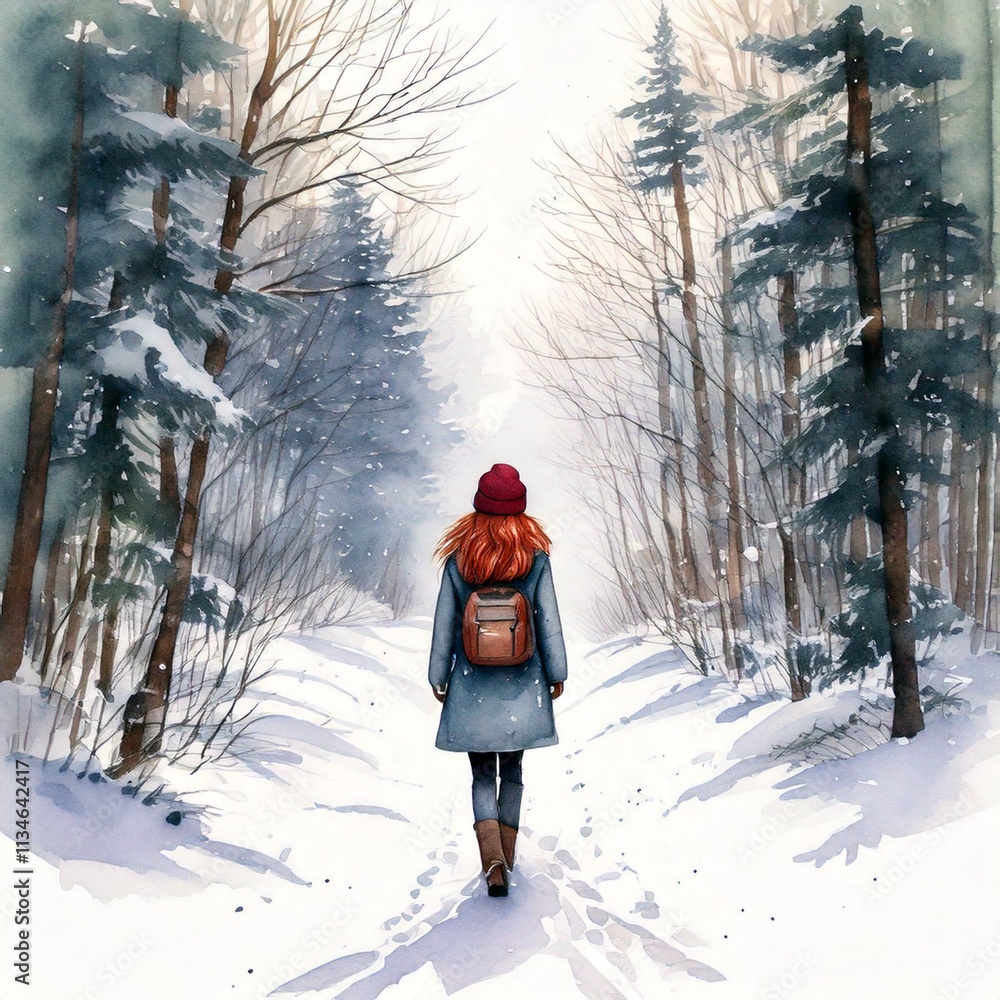 woman walking in winter forest