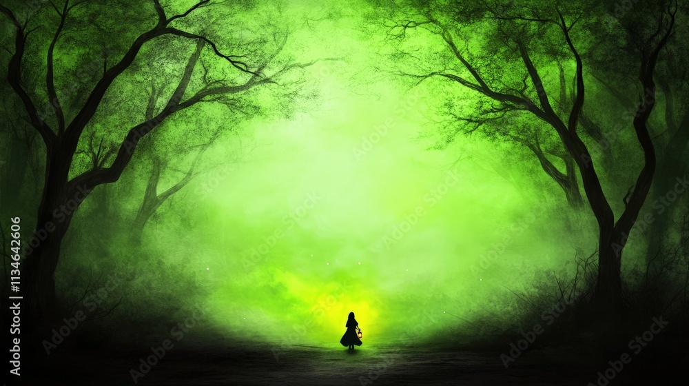 Silhouetted woman in an eerie, glowing green forest. Silhouetted woman in an eerie, glowing green forest.