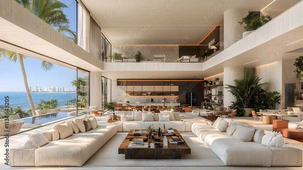 Luxurious beachfront mansion interior design; open-plan living space with ocean view, modern minimalist aesthetic.