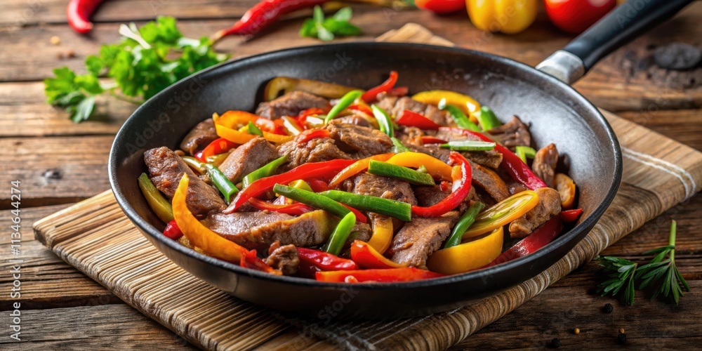 Delicious sizzling meat and peppers stir-fry in a rustic pan, sizzle, stir-fry, skillet, cooking, food, delicious, flavorsome, rustic Delicious sizzling meat and peppers stir-fry in a rustic pan, sizzle, stir-fry, skillet, cooking, food, delicious, flavorsome, rustic