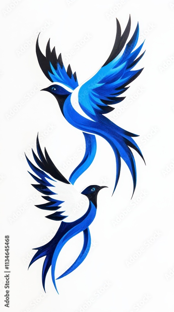Obraz premium Stylized blue and black birds in flight
