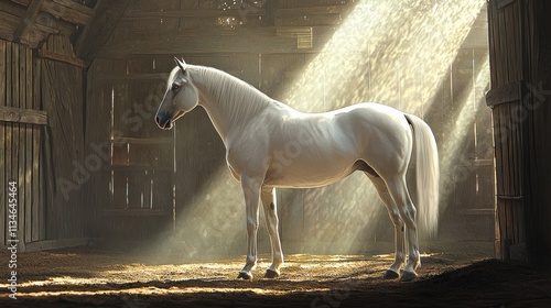 Majestic white horse standing in sunlit barn nature photography rustic environment serene view photo