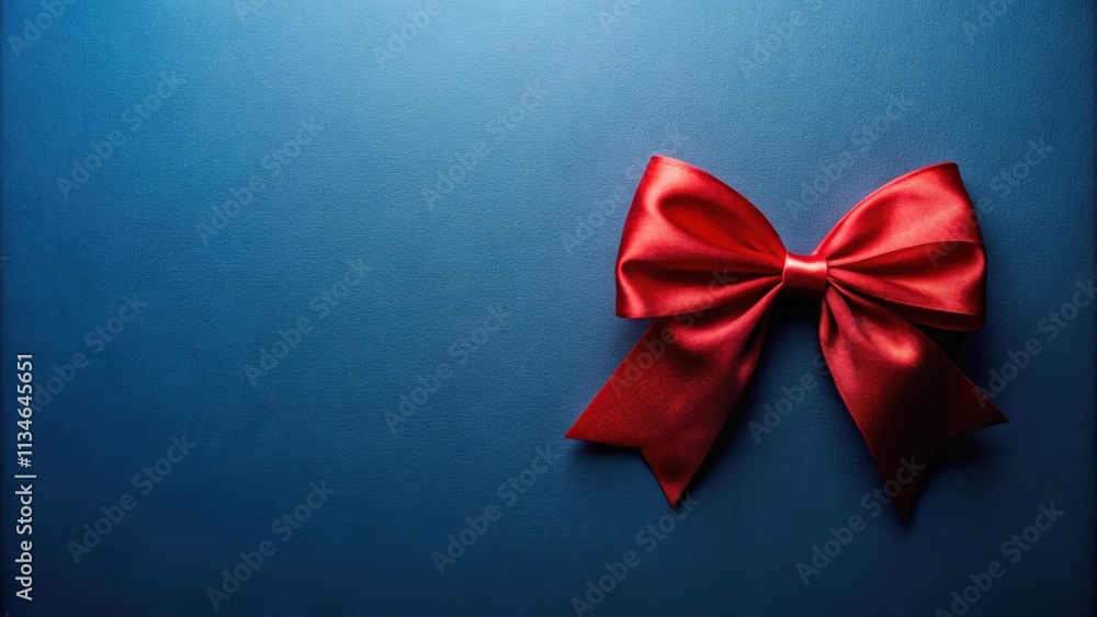 Red bow on dark blue background. Top view, gift, present, ribbon, bow, festive, celebration, holiday, decoration