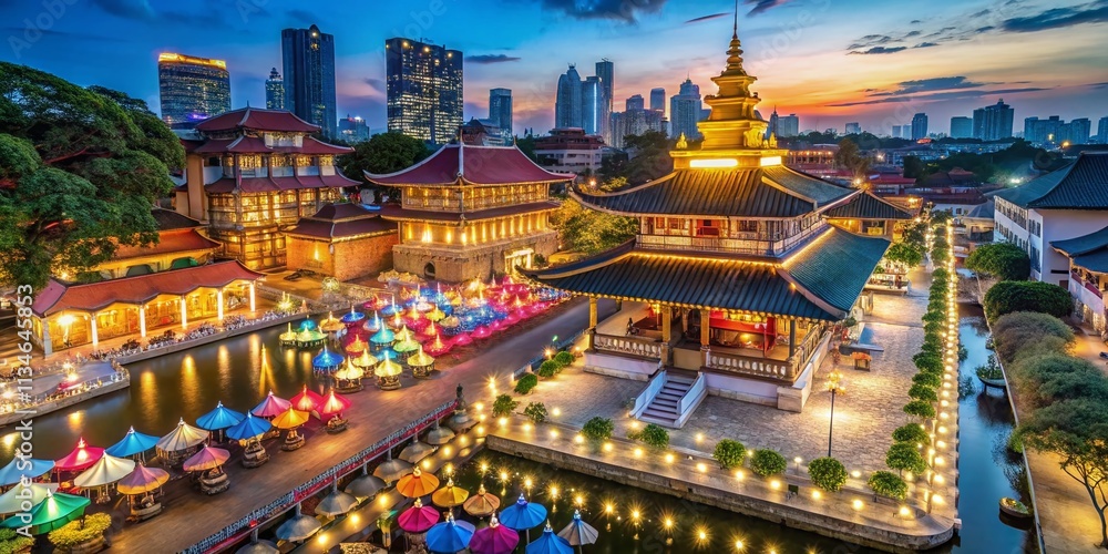 Fototapeta premium Aerial View of Gangaramaya Buddhist Temple Illuminated During Vesak Festival Celebrations, Capturing the Vibrant Lights and Decorations in Colombo, Sri Lanka's Spiritual Heart