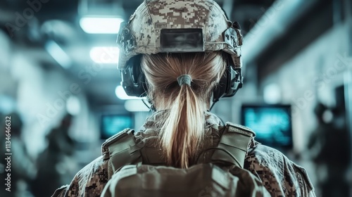 A female soldier with a ponytail under a helmet intently focused on her tasks, surrounded by computer monitors showcasing a military command room's busy environment. photo